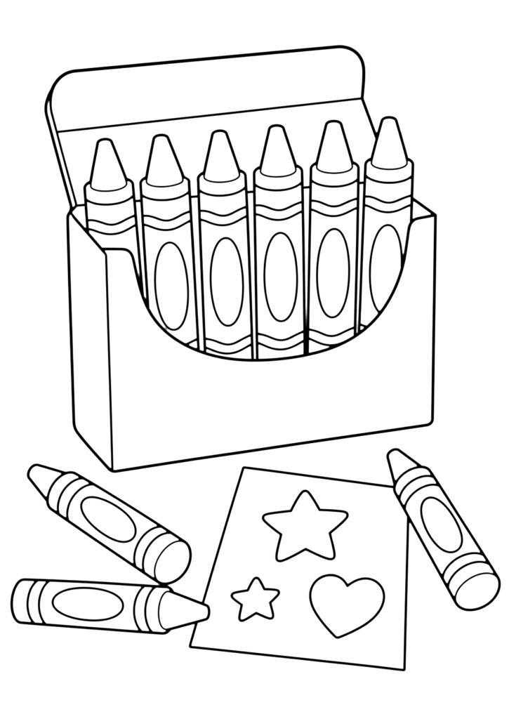 A crayon box with crayons and a coloring sheet featuring stars and hearts