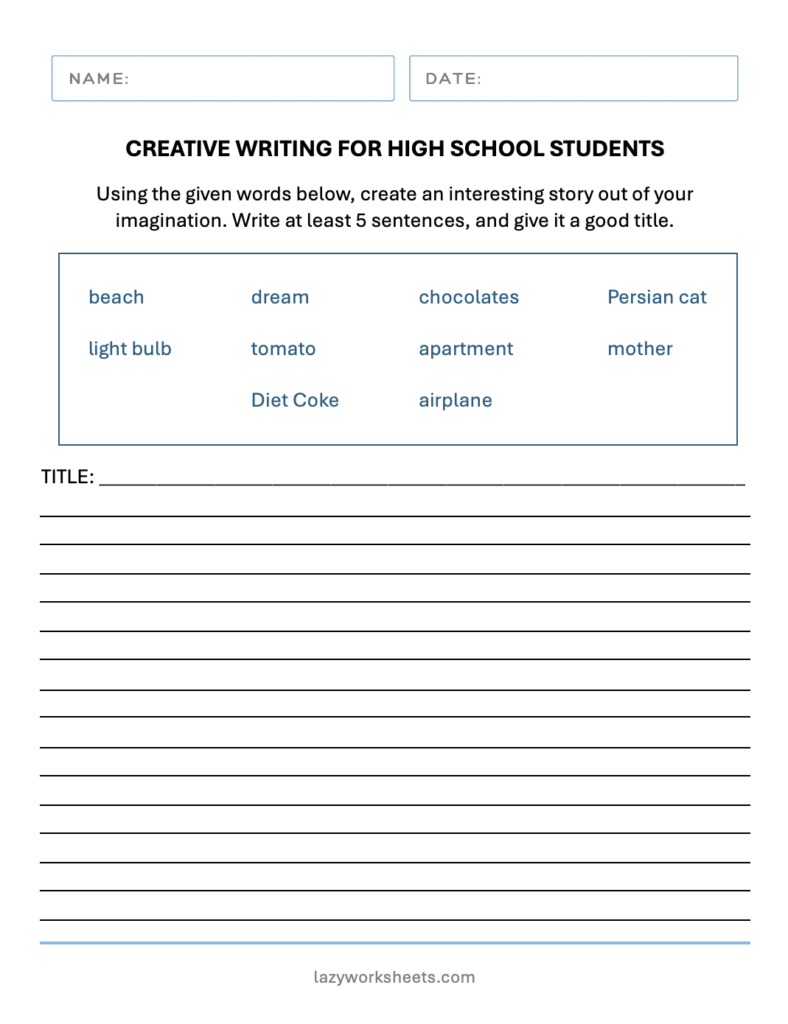 Creative Writing Worksheets for High School | Lazy Worksheets