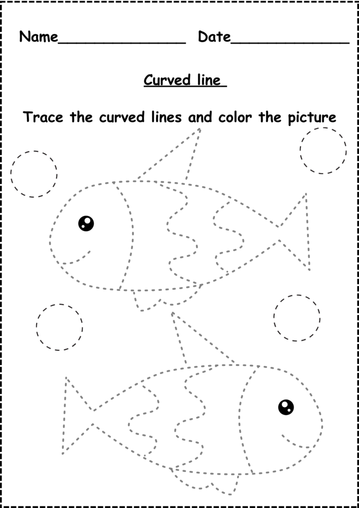 Curved line tracing worksheet featuring fish illustrations for preschoolers