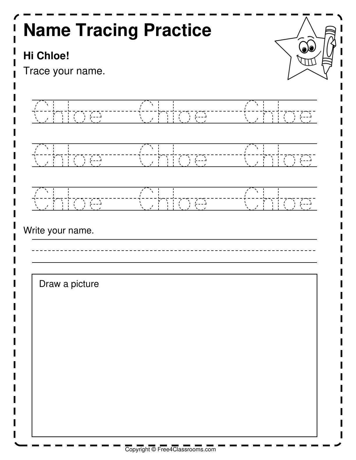 Custom Name Tracing Worksheets Free featuring a practice sheet for tracing the name Chloe