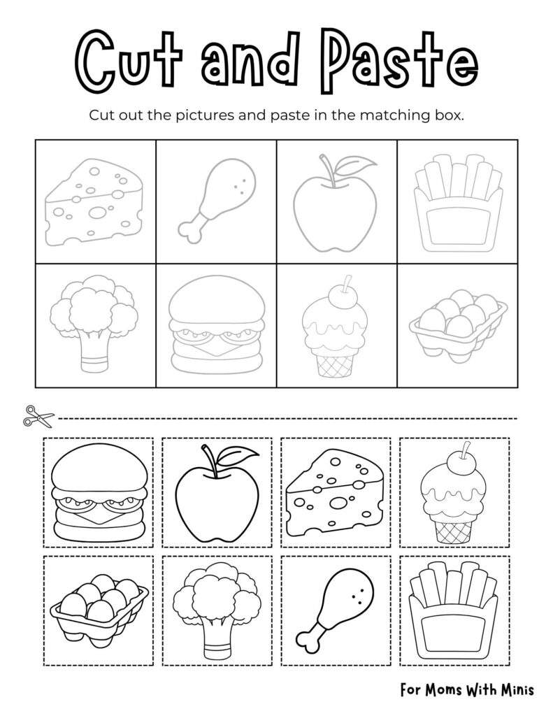 Fun Cut and Paste Activity for Kids Cut and paste activity featuring various food items for matching exercises