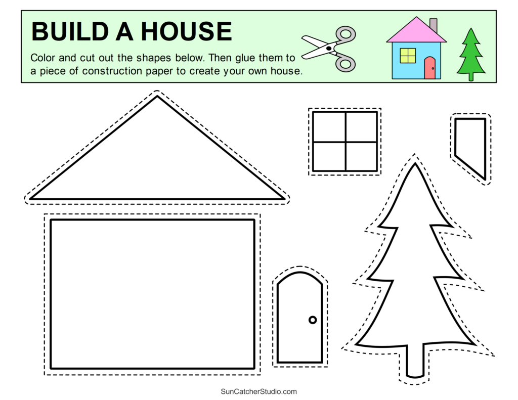 Cut and paste worksheet for building a house with shapes for kindergarten