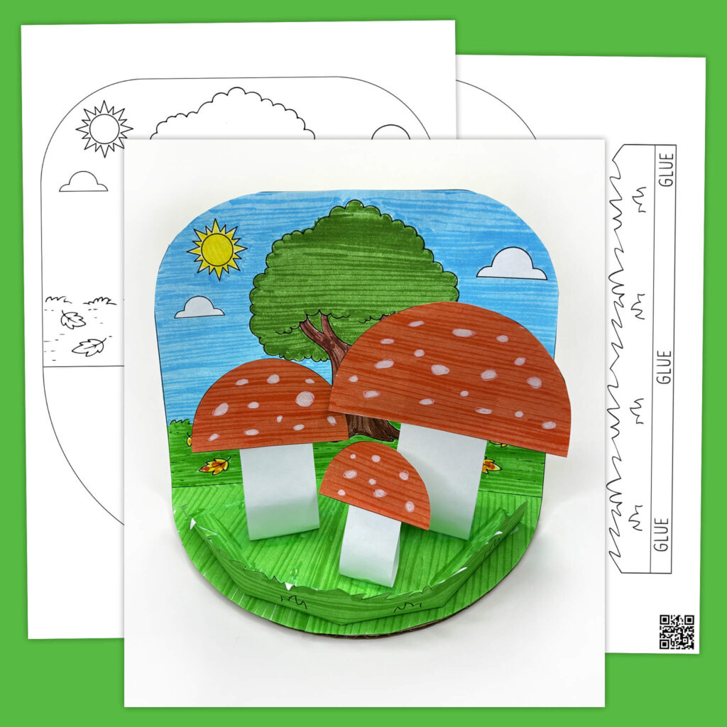 Colorful cut out templates for a mushroom craft activity for preschoolers