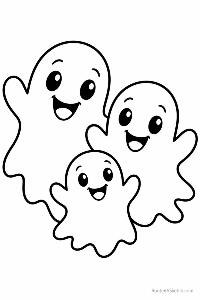 Cute Adorable Halloween Coloring Pages featuring happy ghosts Cute Adorable Halloween Coloring Pages - Three cute ghosts waving happily in a fun Halloween coloring page for kids