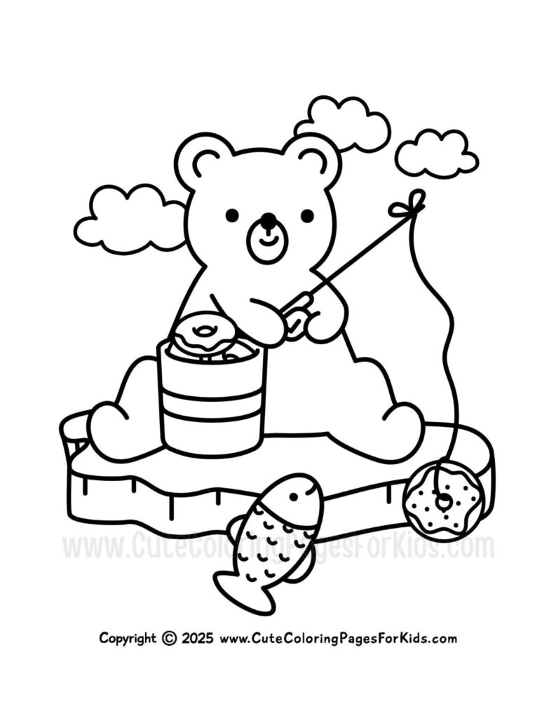 A cute bear fishing on a floating ice with fish in a coloring page