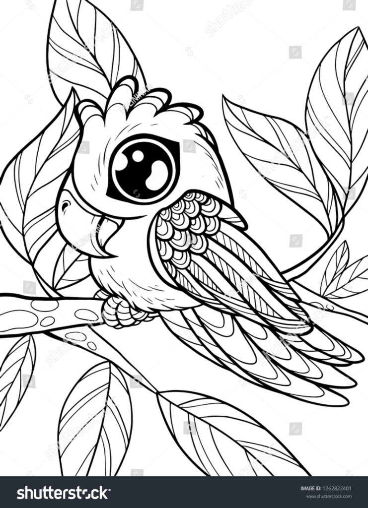 Free printable Cute Animal Colouring In Pages featuring a cute parrot sitting on a branch