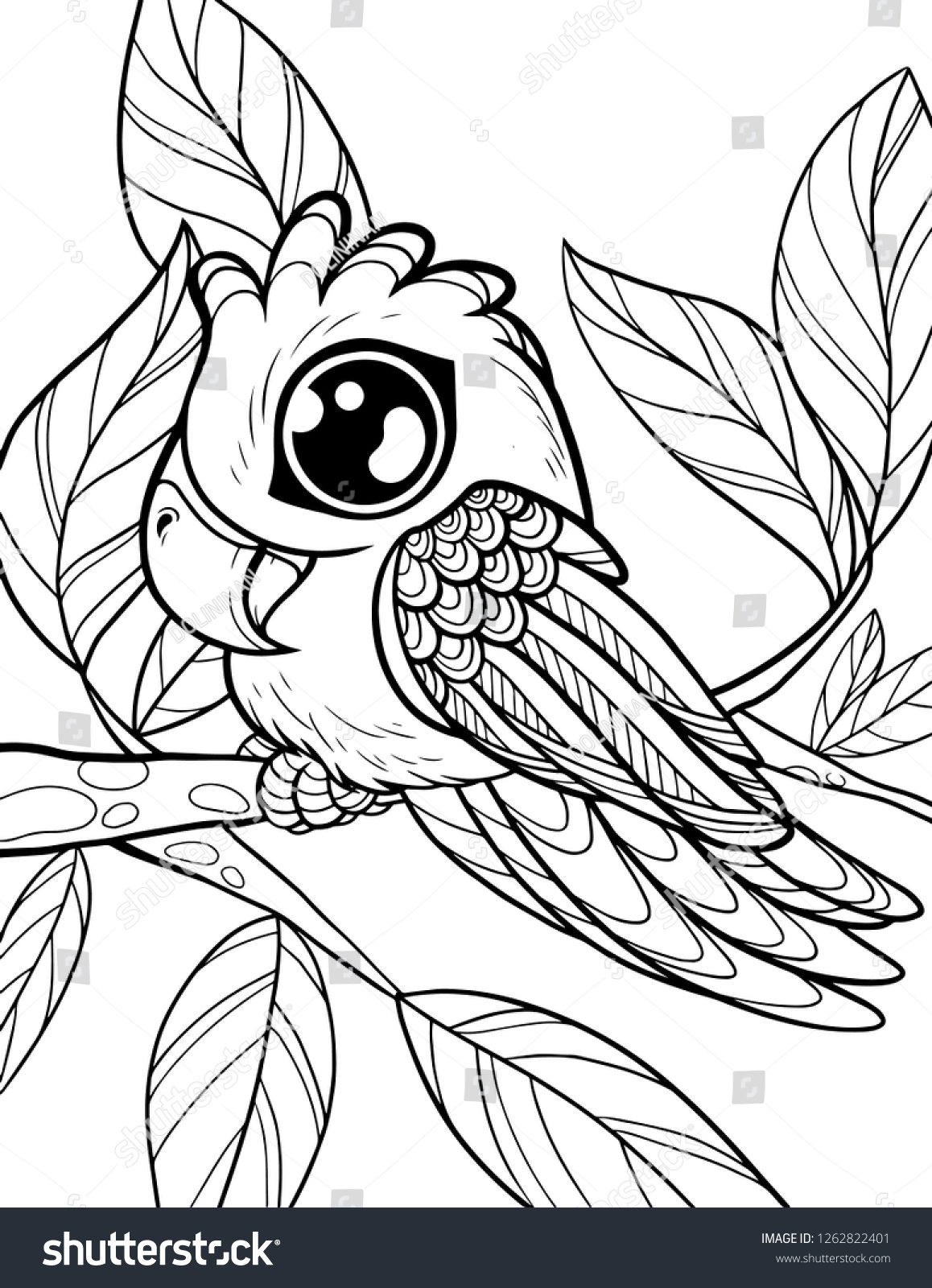 Free printable Cute Animal Colouring In Pages featuring a cute parrot sitting on a branch