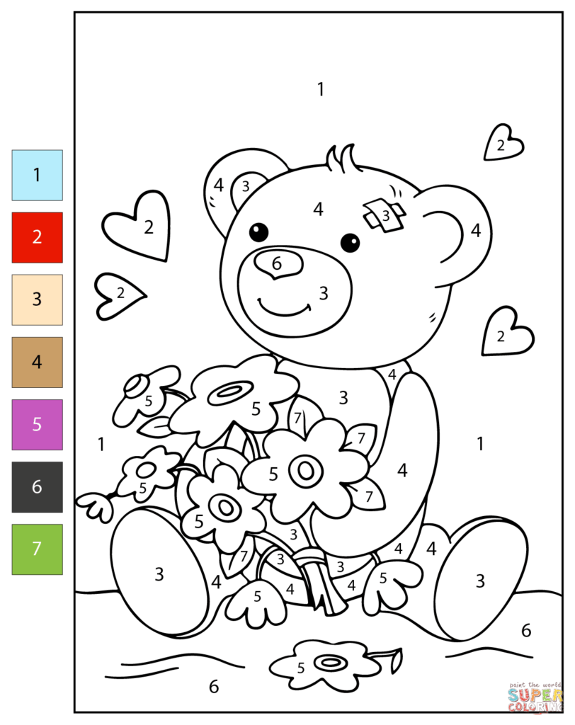 Cute Color By Number Coloring Pages – Get Well Soon Adorable bear holding flowers in Cute Color By Number Coloring Pages for a get well soon theme
