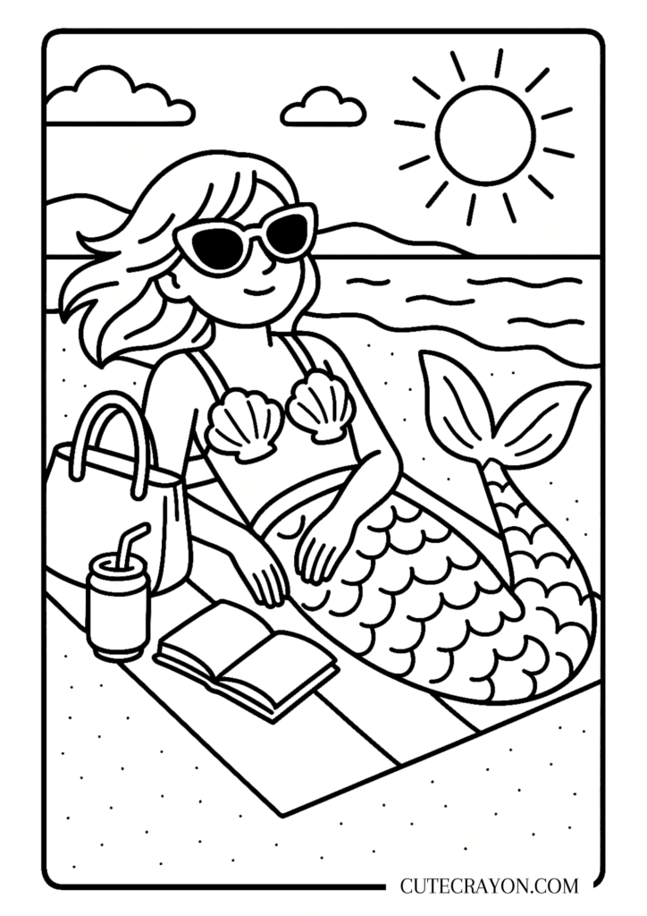 Cute Coloring Pages For Summer – Mermaid Relaxing on the Beach Cute Coloring Pages For Summer featuring a mermaid relaxing on the beach with sunglasses and a drink