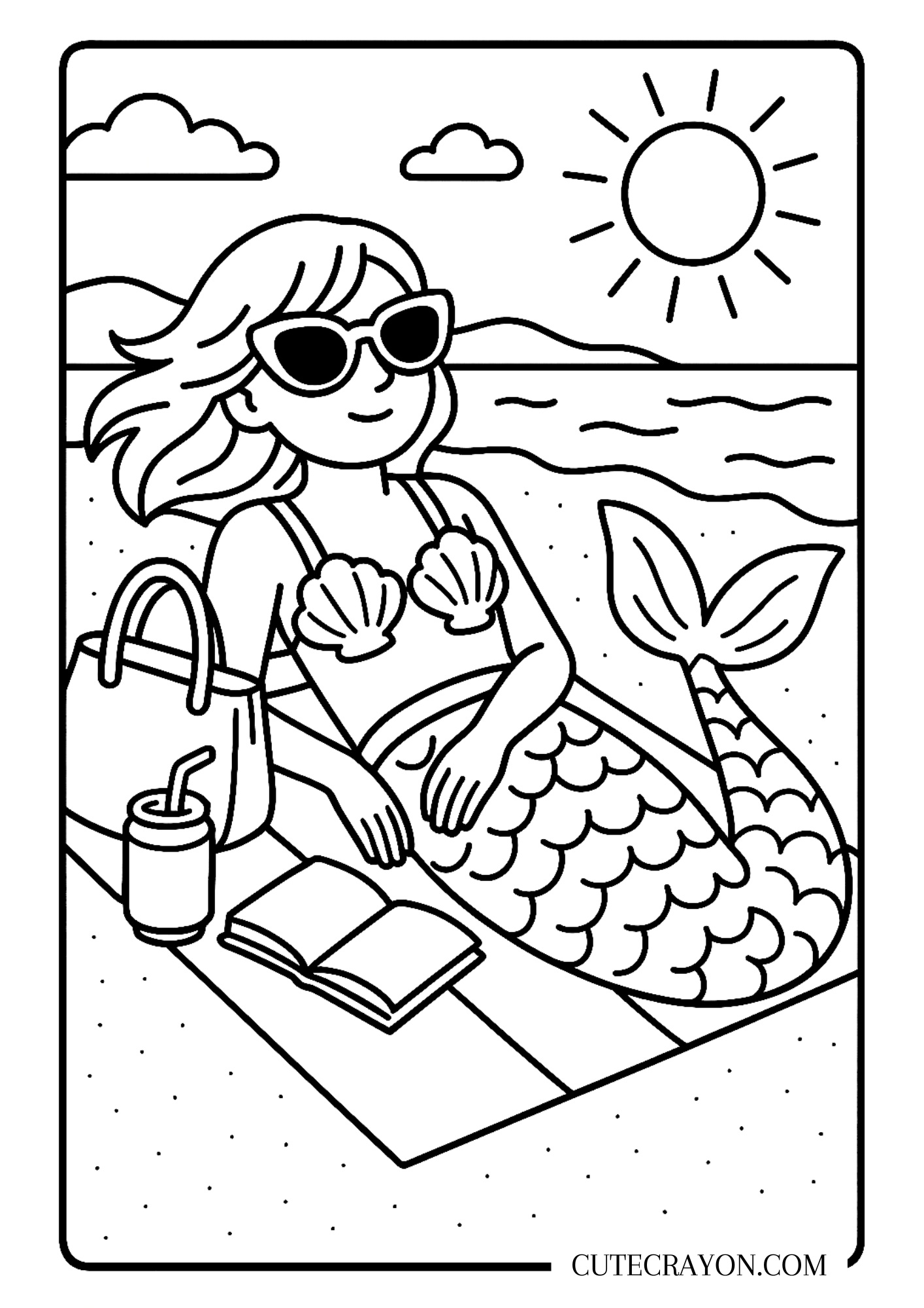 Cute Coloring Pages For Summer featuring a mermaid relaxing on the beach with sunglasses and a drink