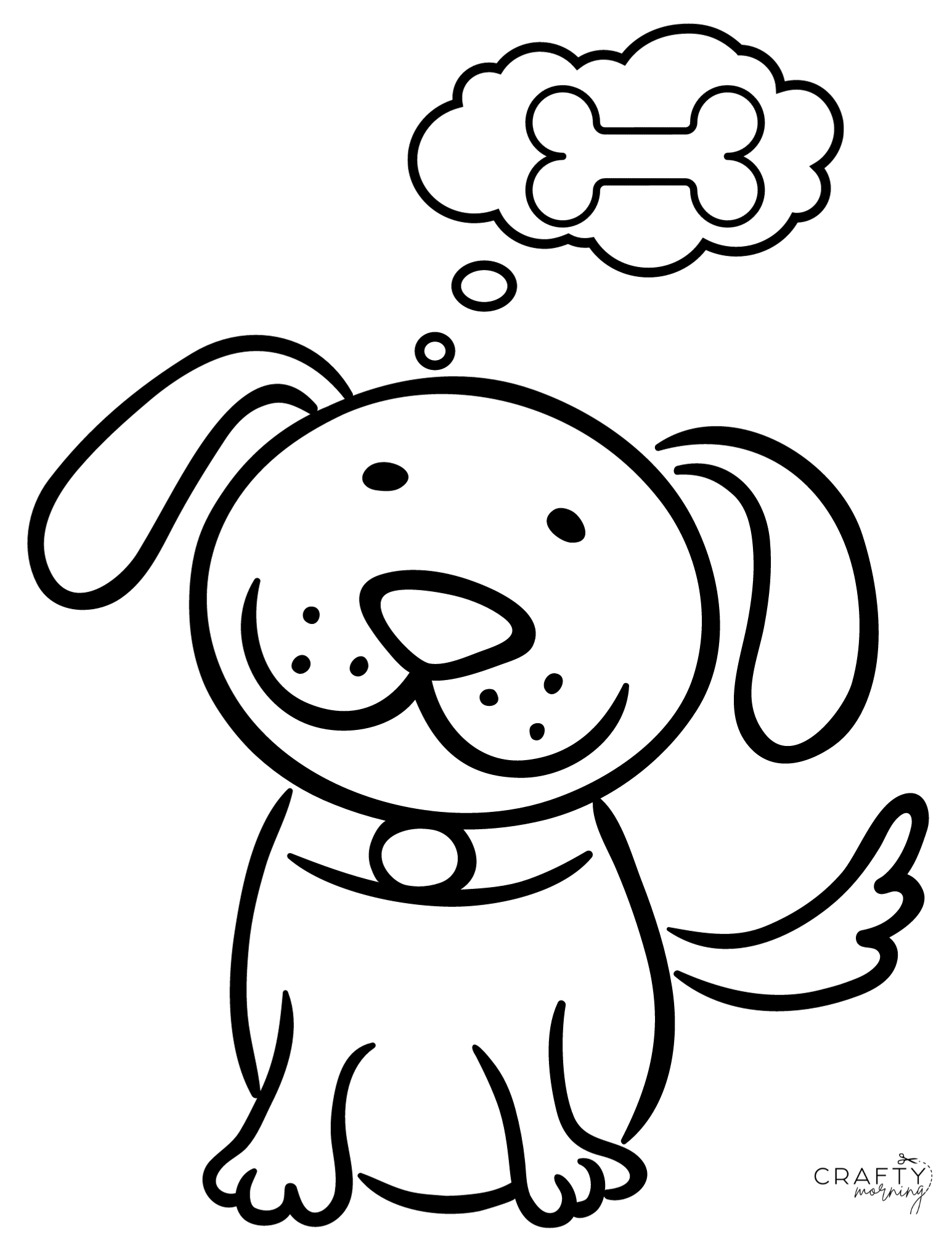 Free printable Cute Coloring Pages Of Dogs featuring a happy dog thinking about a bone