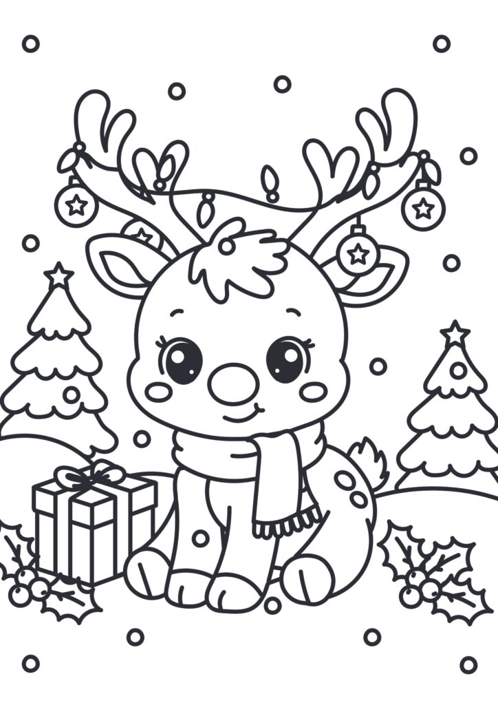 Cute Easy Christmas Coloring Pages featuring a cheerful reindeer Adorable reindeer coloring page with Christmas trees and gifts, perfect for Cute Easy Christmas Coloring Pages