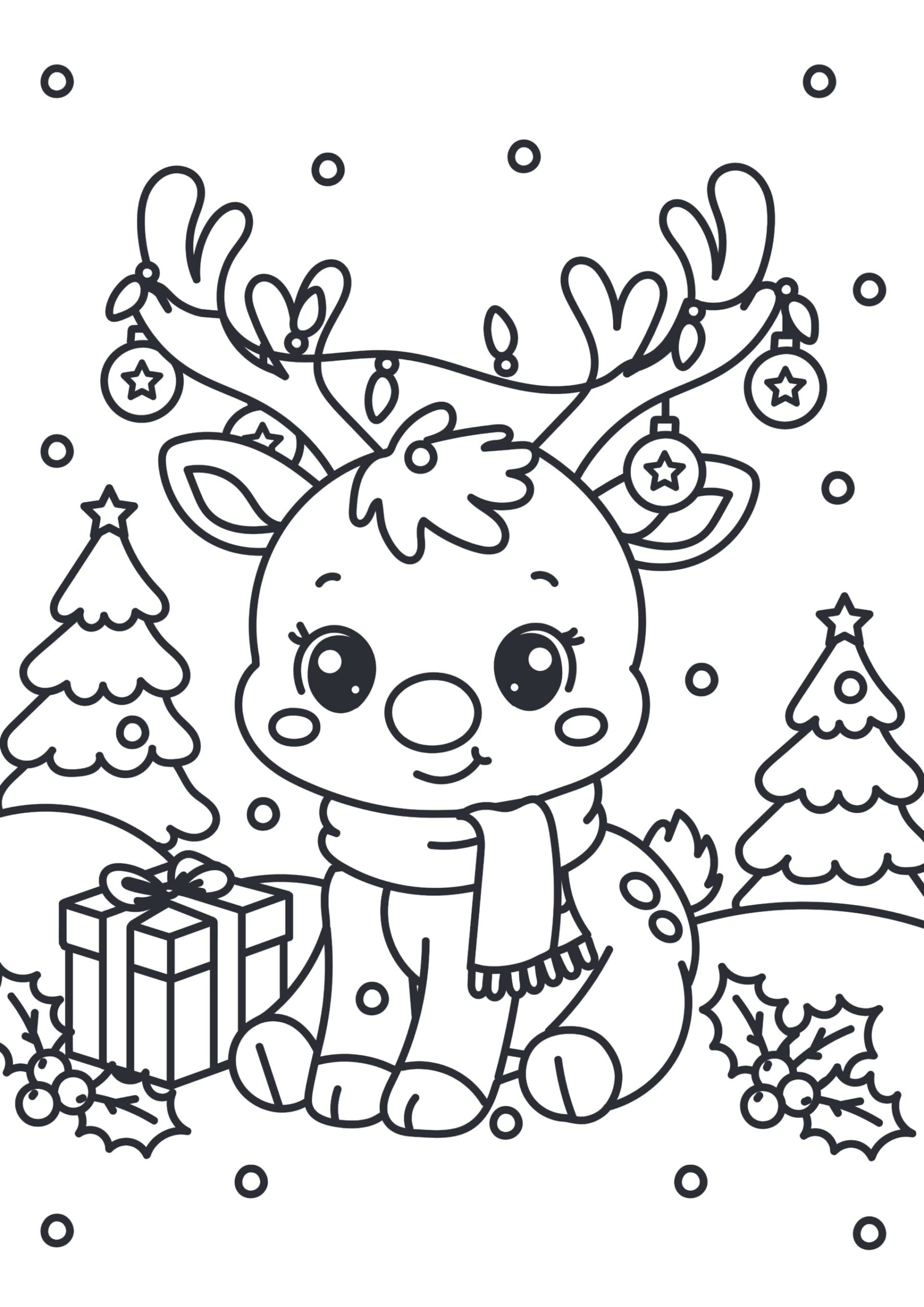 Adorable reindeer coloring page with Christmas trees and gifts, perfect for Cute Easy Christmas Coloring Pages