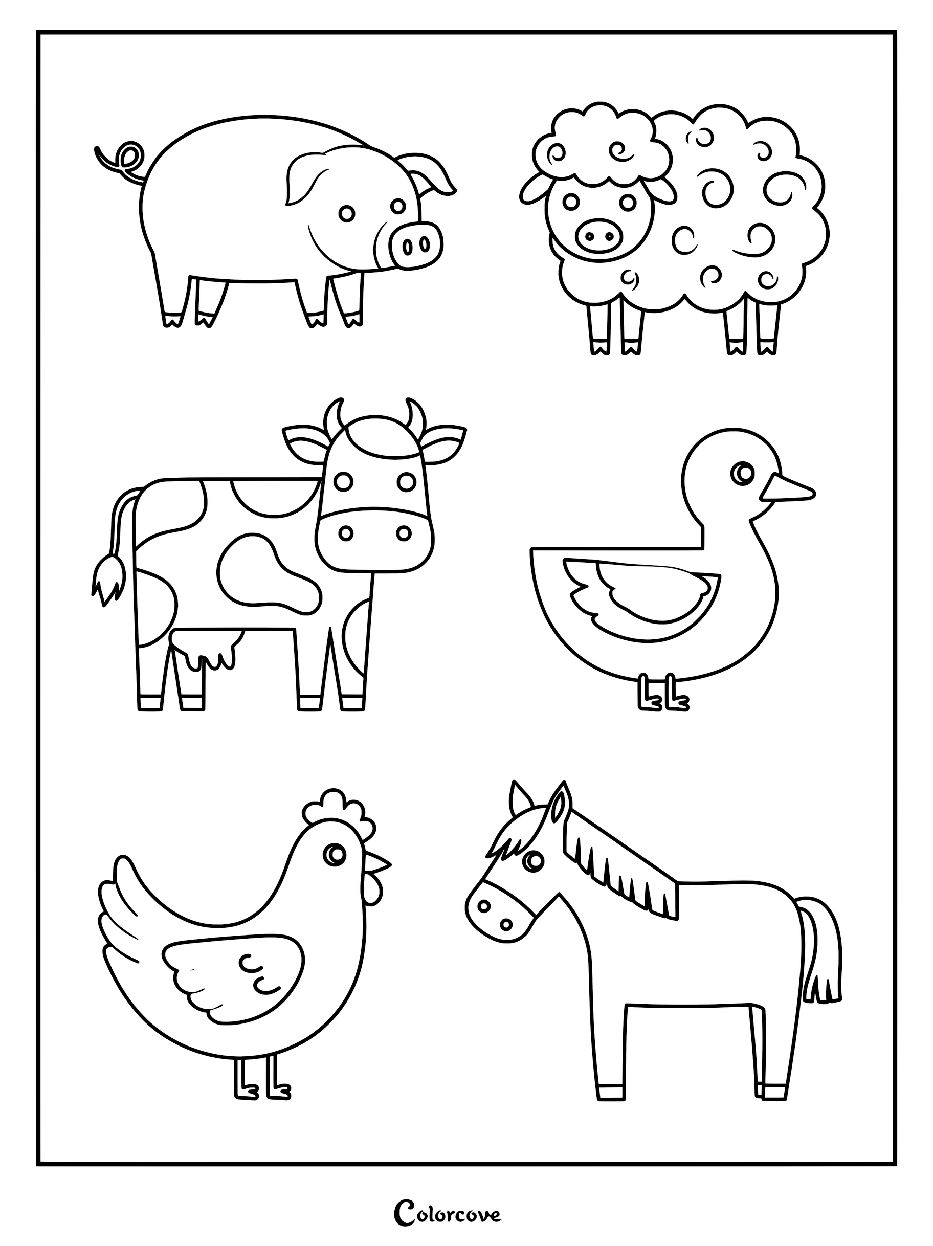 Printable Cute Farm Animal Coloring Pages featuring a pig, sheep, cow, duck, chicken, and horse