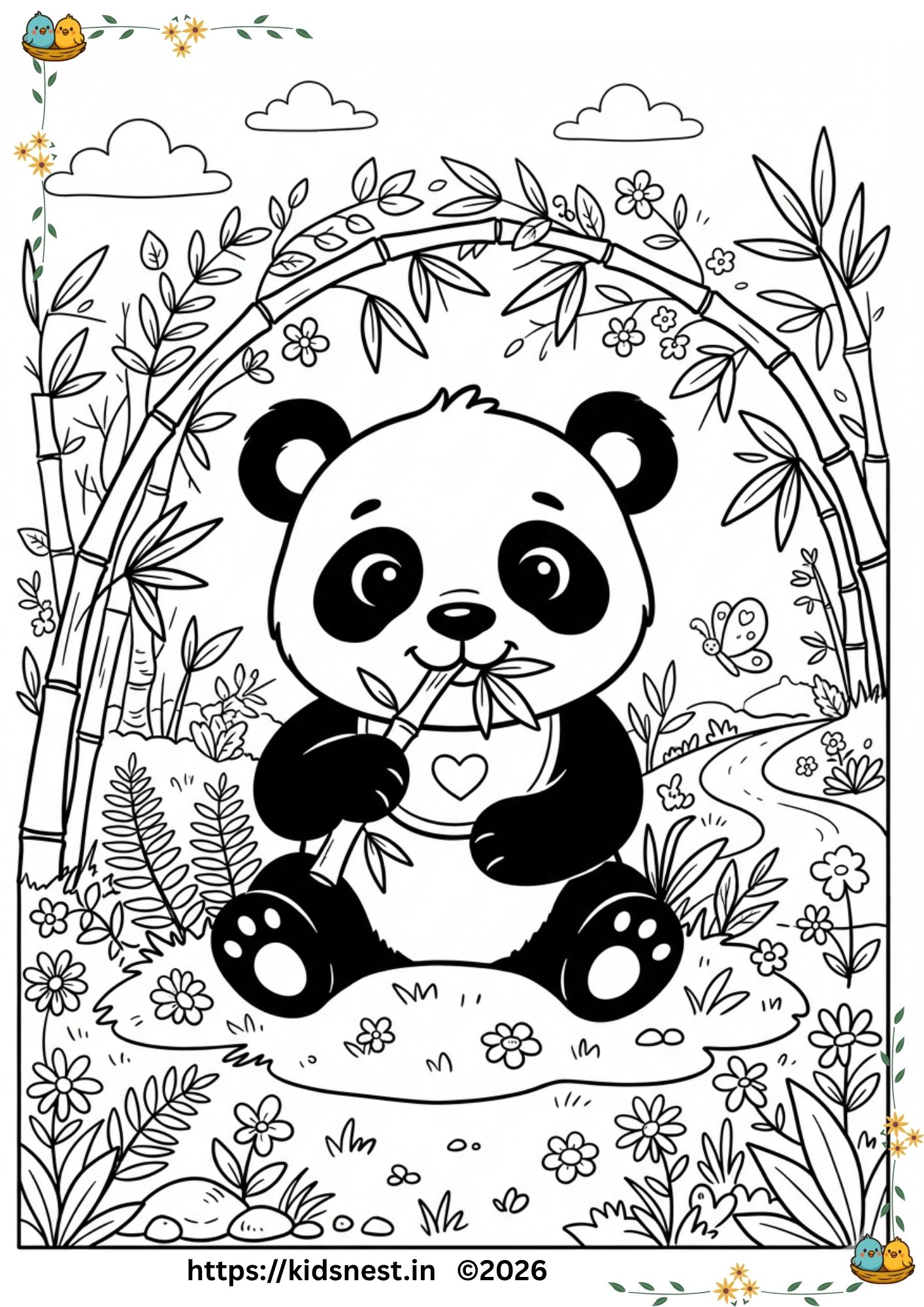Adorable panda coloring page featuring a panda holding bamboo, perfect for Cute Free Printable Coloring Pages
