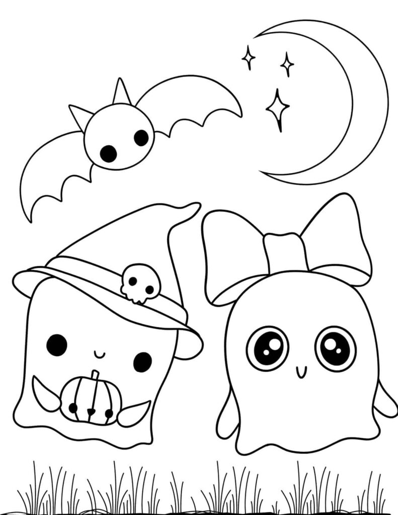 Cute Halloween Coloring Page with spooky elements A cute Halloween coloring page showing a ghost, bat, and moon with stars