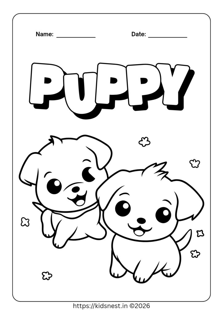 A cute puppy coloring page featuring two happy puppies with big smiles