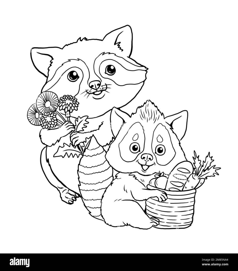 Printable coloring template of a cute raccoon family with flowers and vegetables