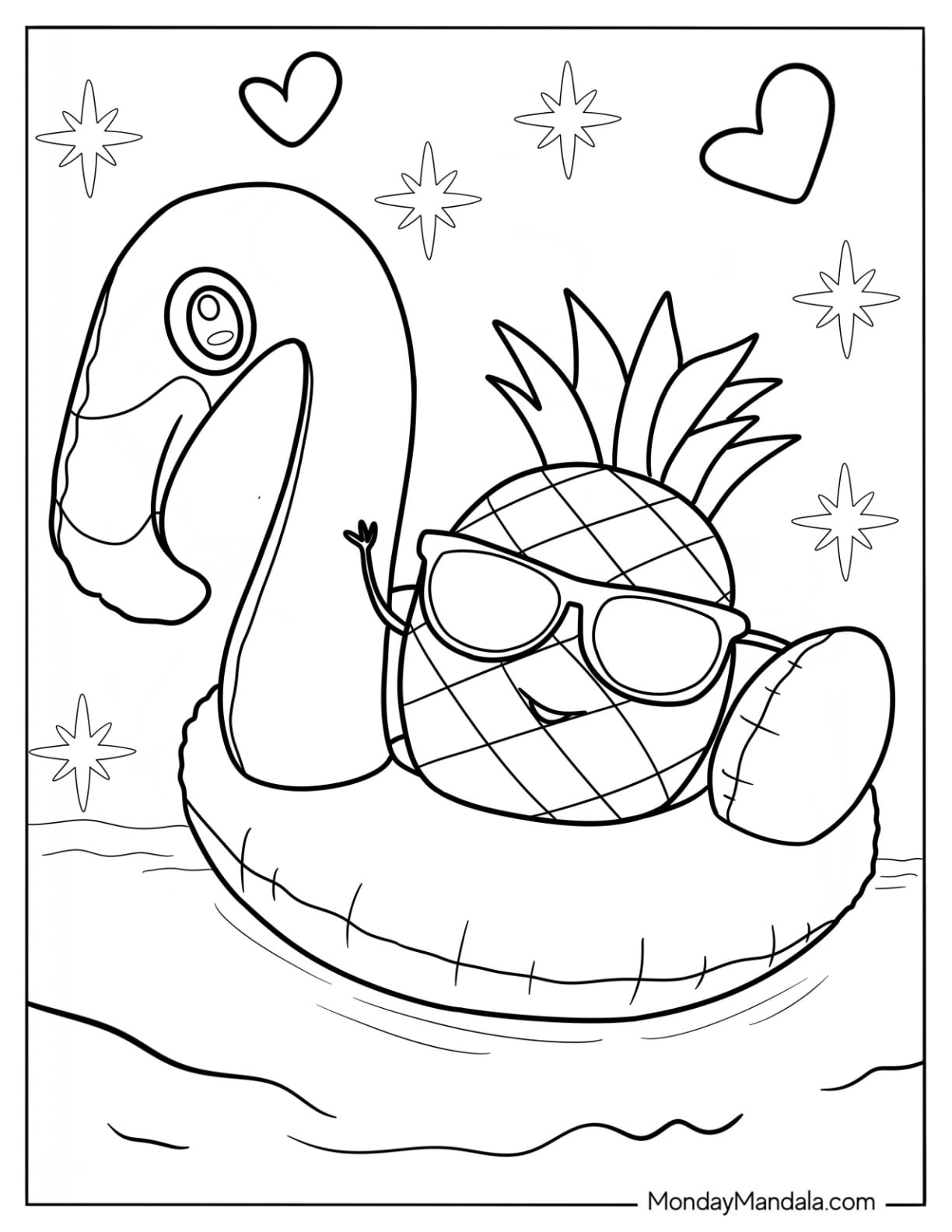 Cute Summer Coloring Pages Printable featuring a smiling pineapple on a float with sunglasses