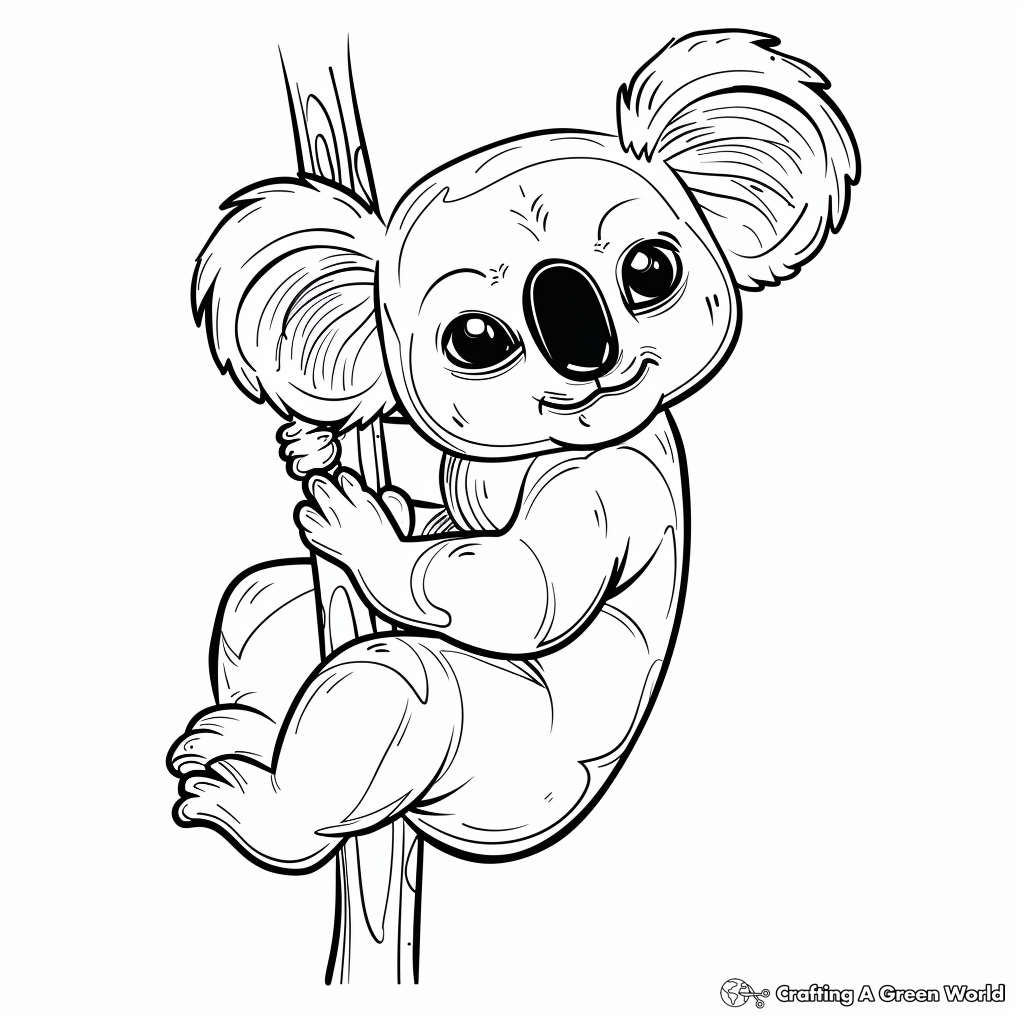 Charming koala hanging on a tree branch in a coloring page