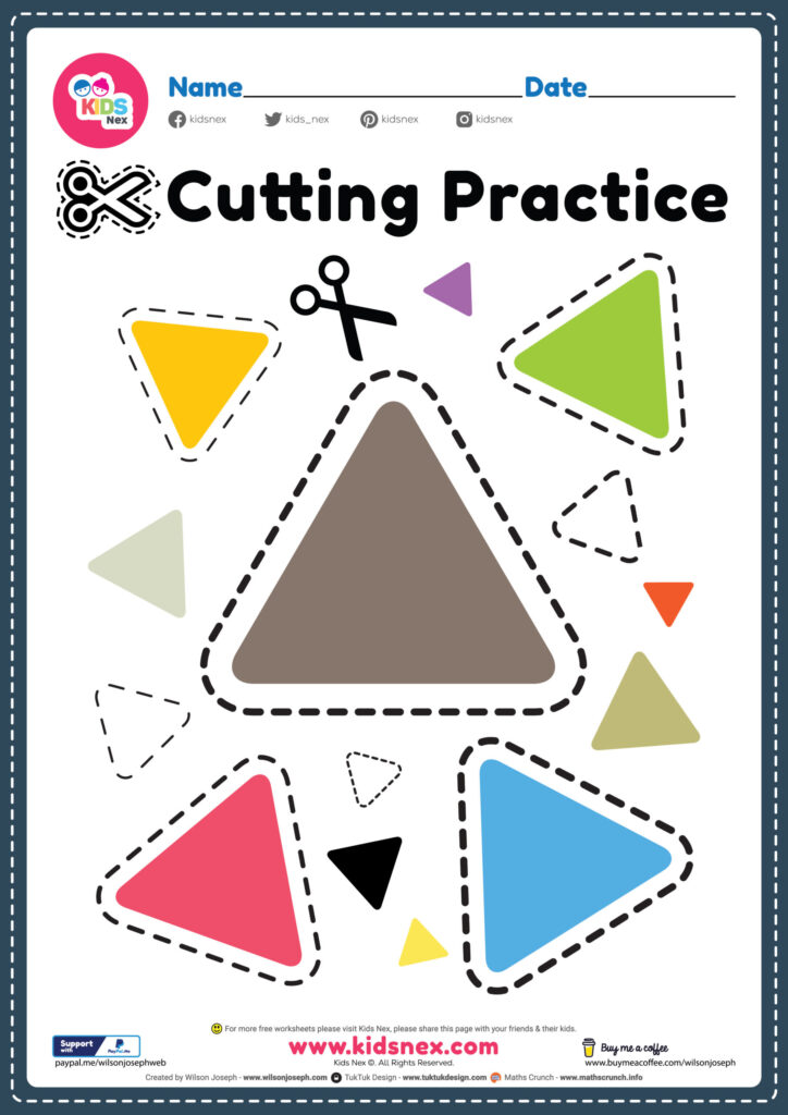 Printable cutting practice worksheet with colorful shapes for kids to cut out