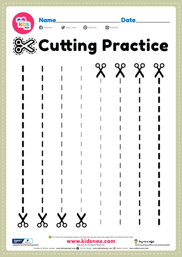 Free printable Cutting Skills Worksheets For Kindergarten featuring dashed lines for cutting practice