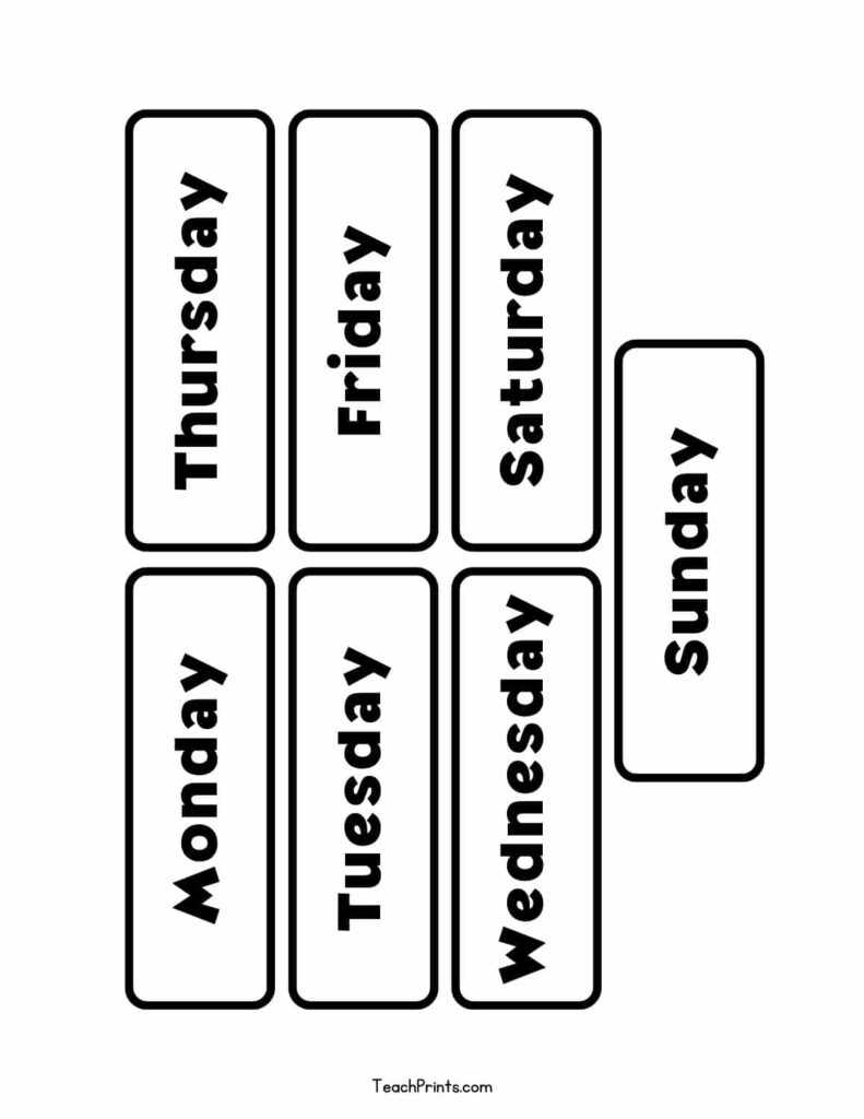 Days of the Week Flashcards for Learning Set of days of the week flashcards for educational purposes