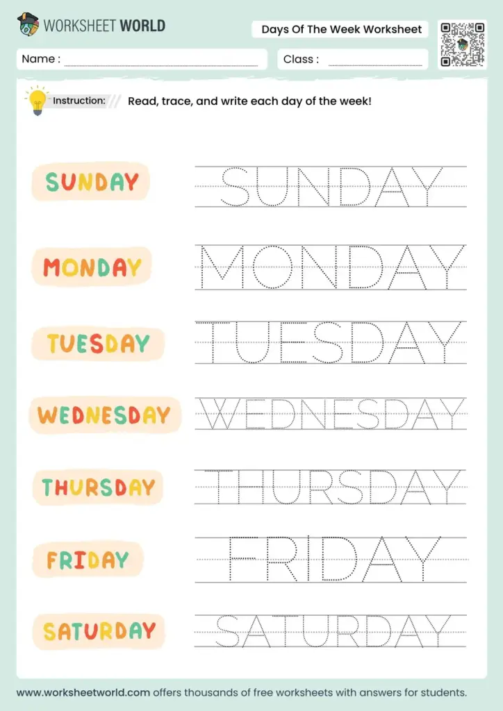 Free Days Of The Week Printable Free worksheet for kindergarten with tracing lines for each day