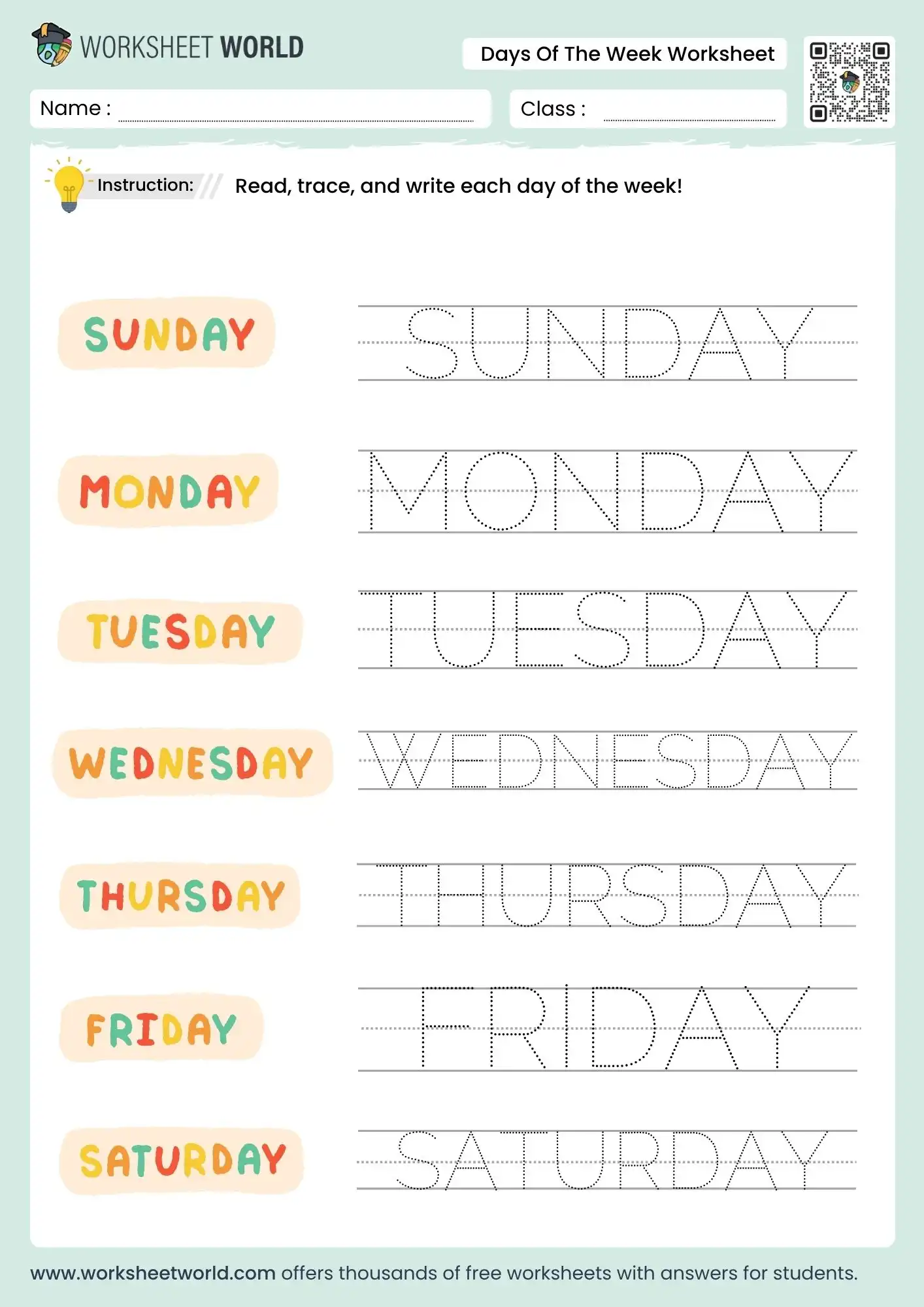Free Days Of The Week Printable Free worksheet for kindergarten with tracing lines for each day