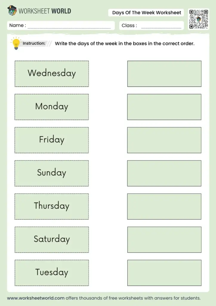 Free days of the week worksheet for students to fill in the correct order of days