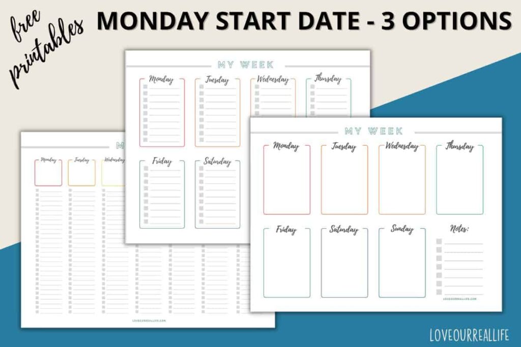 Printable calendars for the days of the week with a Monday start date