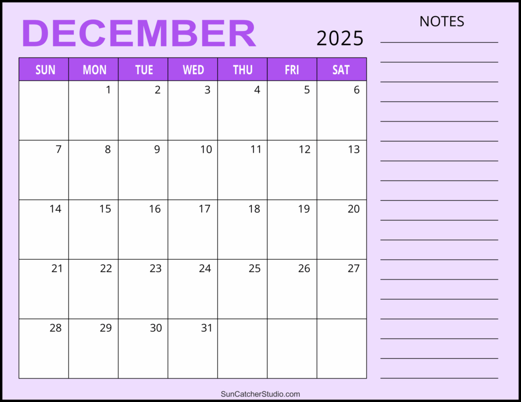 Purple December 2025 Calendar Printable with Notes Section Purple December 2025 calendar printable with a notes section on the side