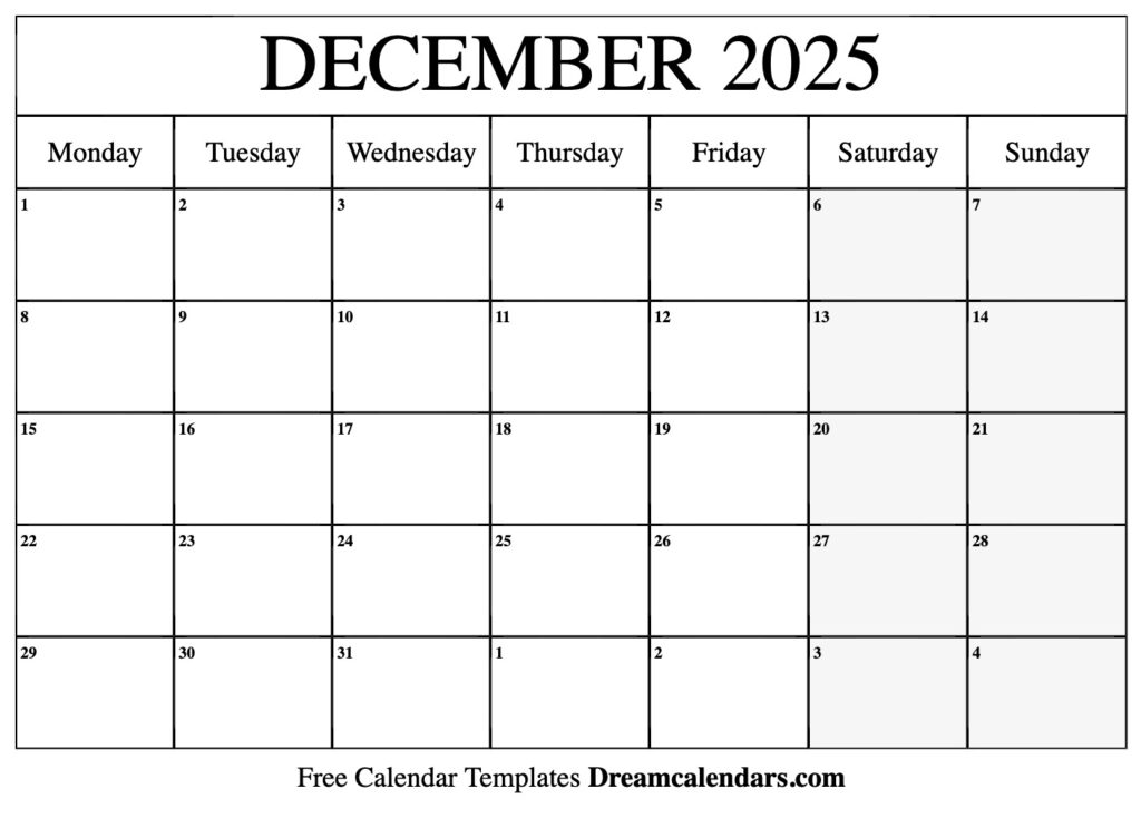 December 2025 Calendar - Free Printable with Holidays and Observances
