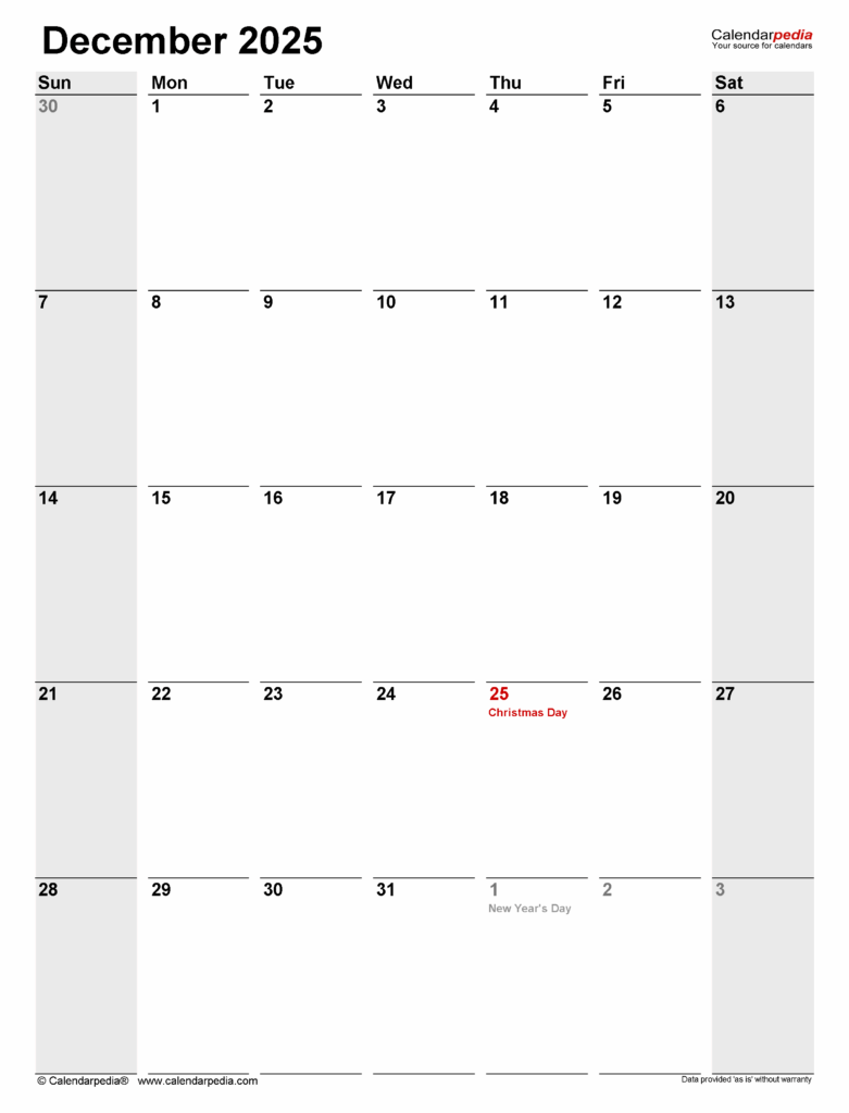 Simple PDF template for December 2025 calendar with important dates marked