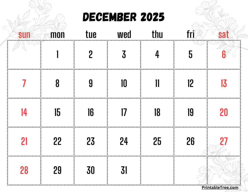 Colorful printable December 2025 calendar with highlighted weekends