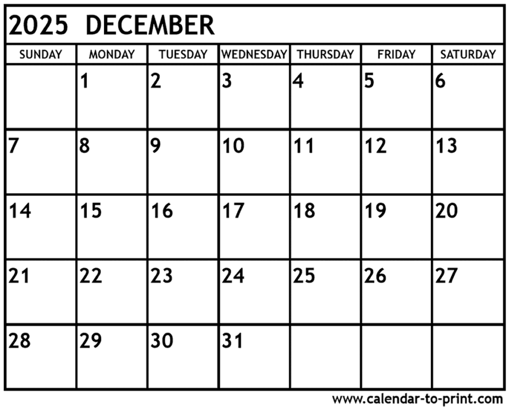 December 2025 Calendar Printable