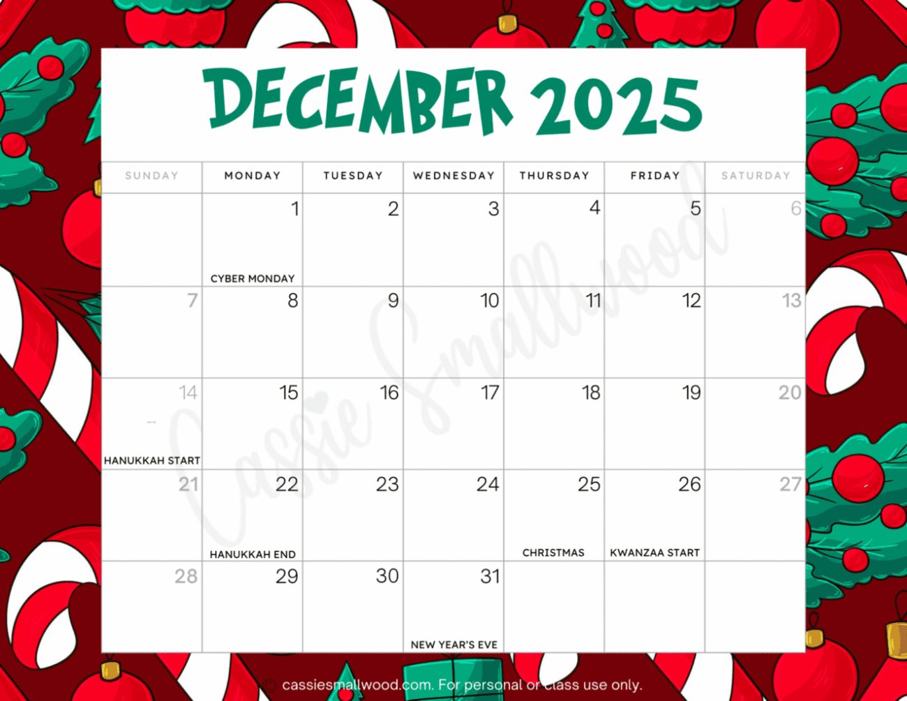 December 2025 Calendar With Holidays Printable Free - Cute 2025 Free Printable Monthly Calendars - Cassie Smallwood