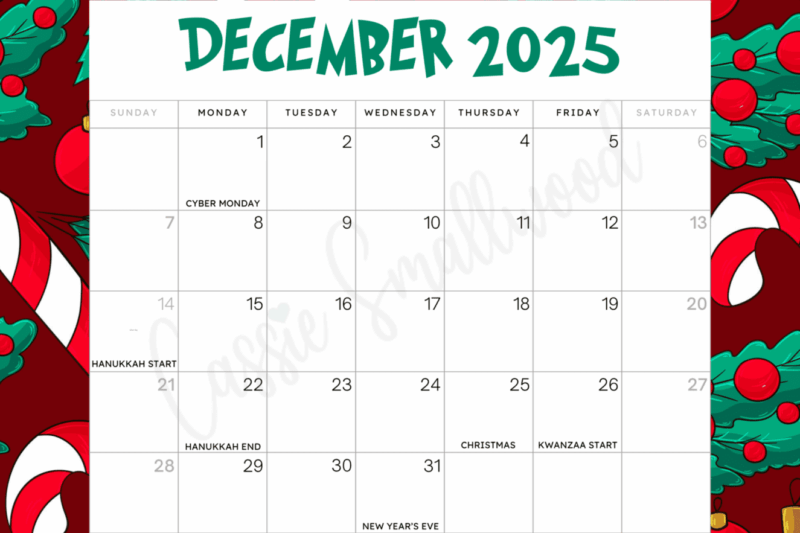 December 2025 Calendar With Holidays Printable Free