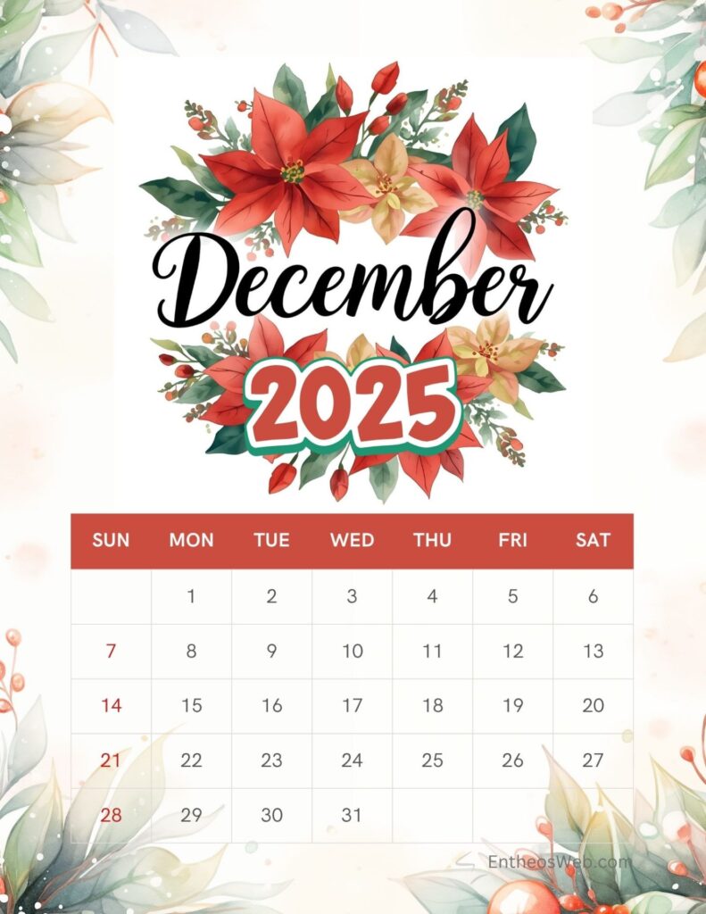 Colorful December 2025 calendar adorned with poinsettias and holiday decorations