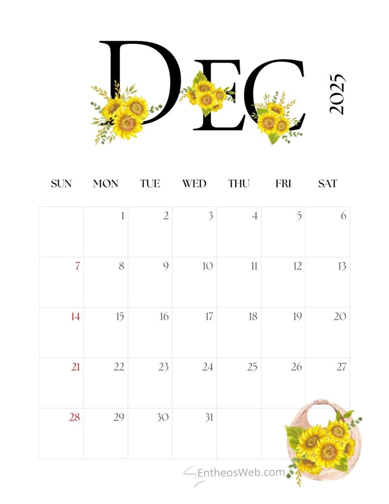 Floral December 2025 Calendar Printable Floral December 2025 calendar printable with sunflowers and a decorative design