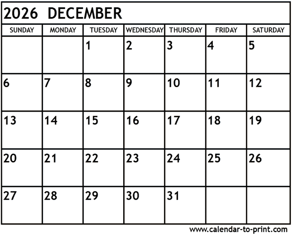 December 2026 Calendar Printable Free - December 2026 Calendar Printable