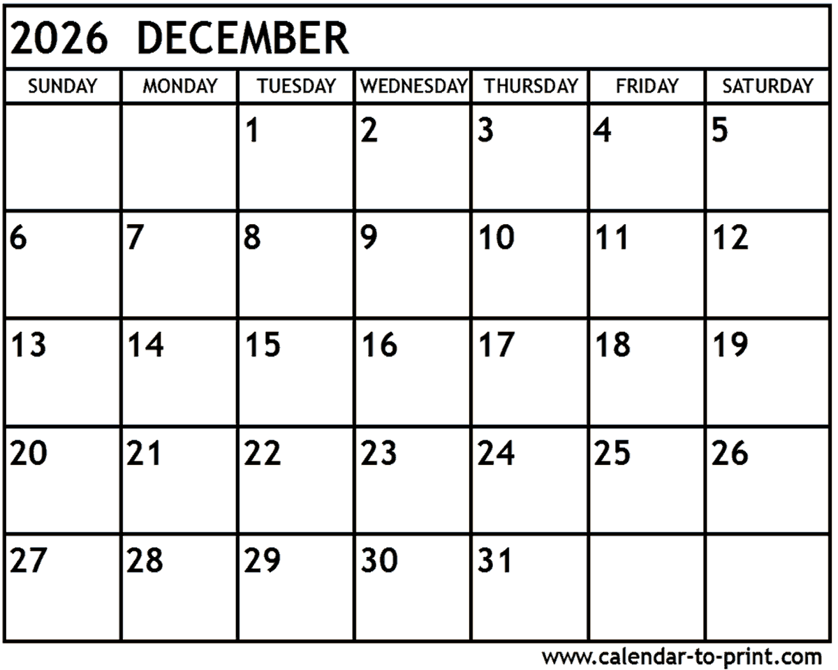 December 2026 Calendar Printable Free - December 2026 Calendar Printable
