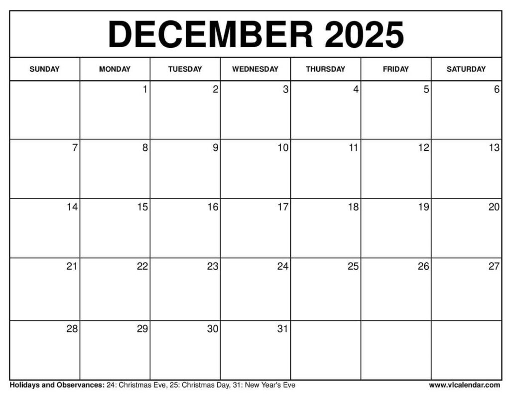 December Calendar 2025 Free Printable - Free printable December Calendar 2025 with blank spaces for notes and events