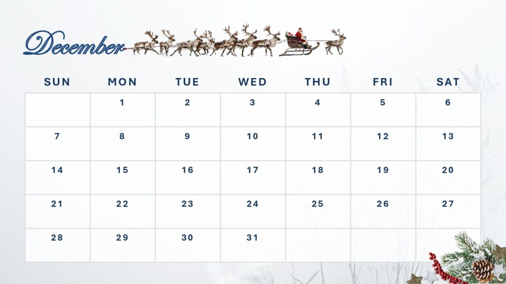 December 2025 calendar featuring reindeer and a sleigh in a winter scene