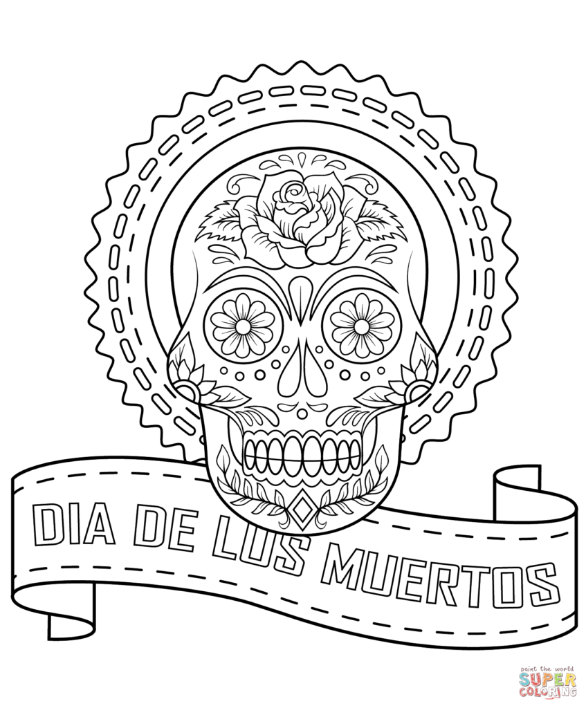 Dia de los Muertos Coloring Page Coloring page featuring a decorated skull for Dia de los Muertos