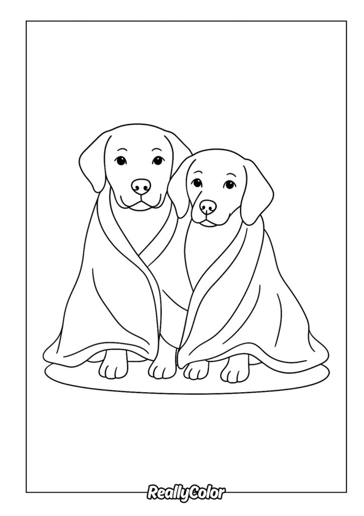 Printable coloring page of two dogs wrapped in cozy blankets