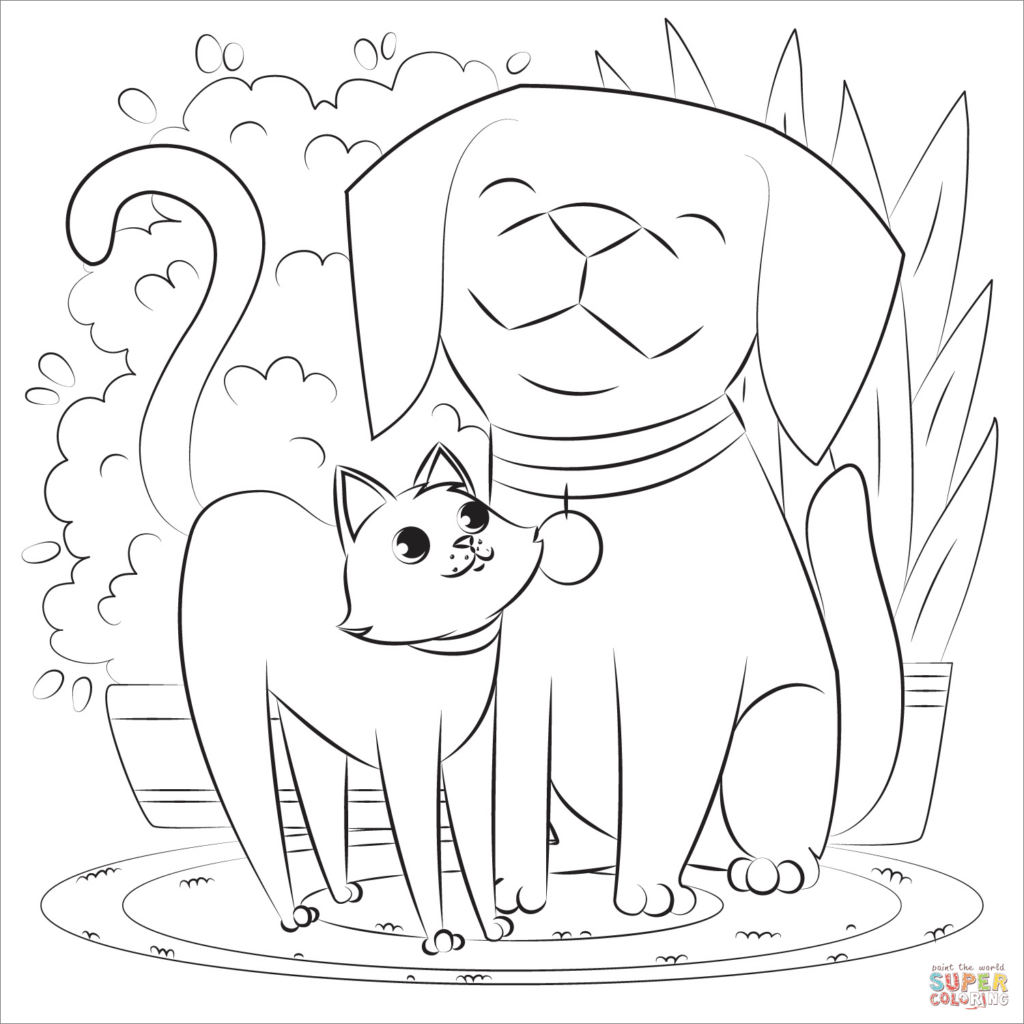 Dog and Cat Coloring Page – Free Printable A friendly dog and cat together in a cute coloring page