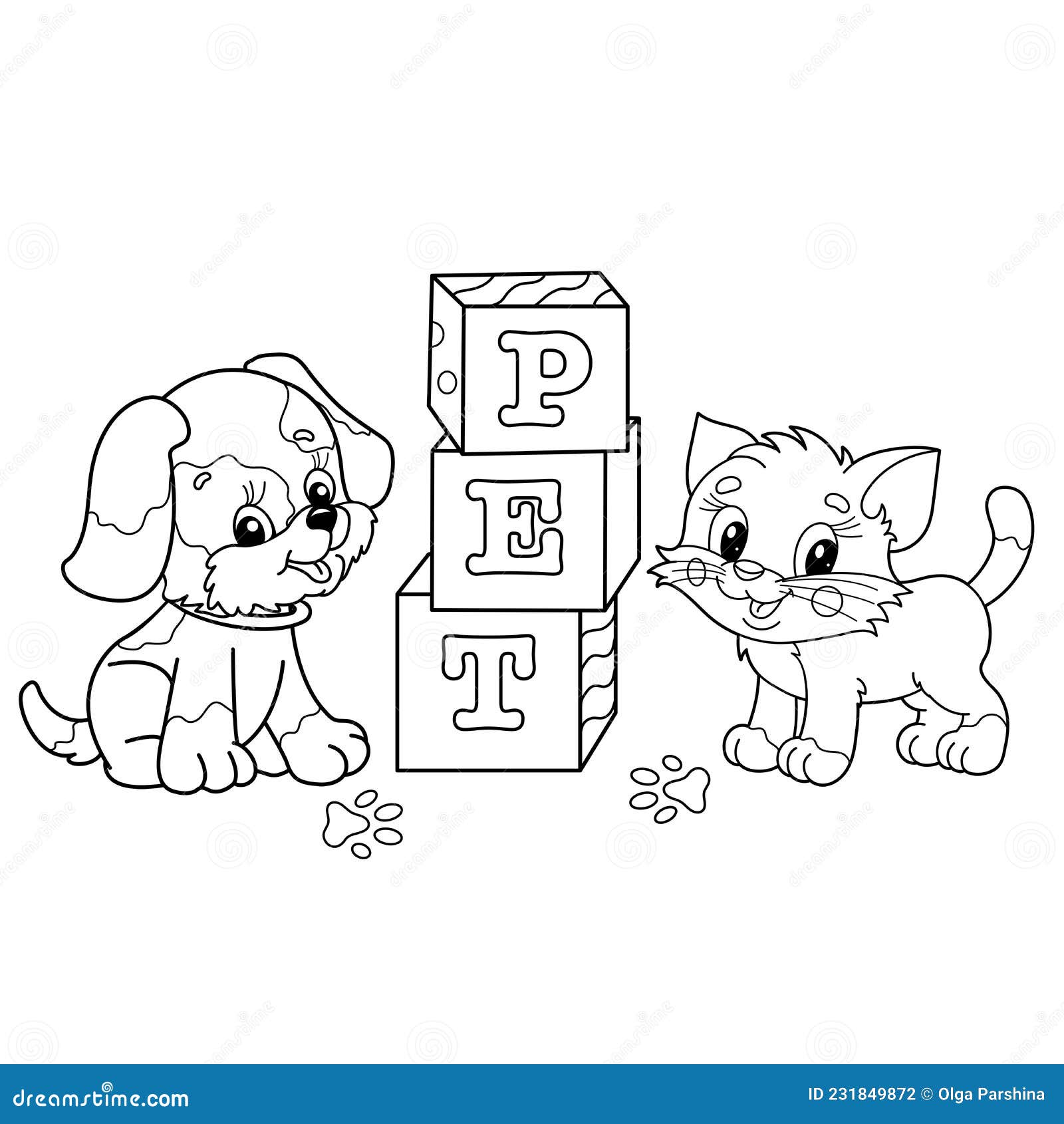 Cute puppy and kitten playing with blocks in Dog And Cat Coloring Pages for kids