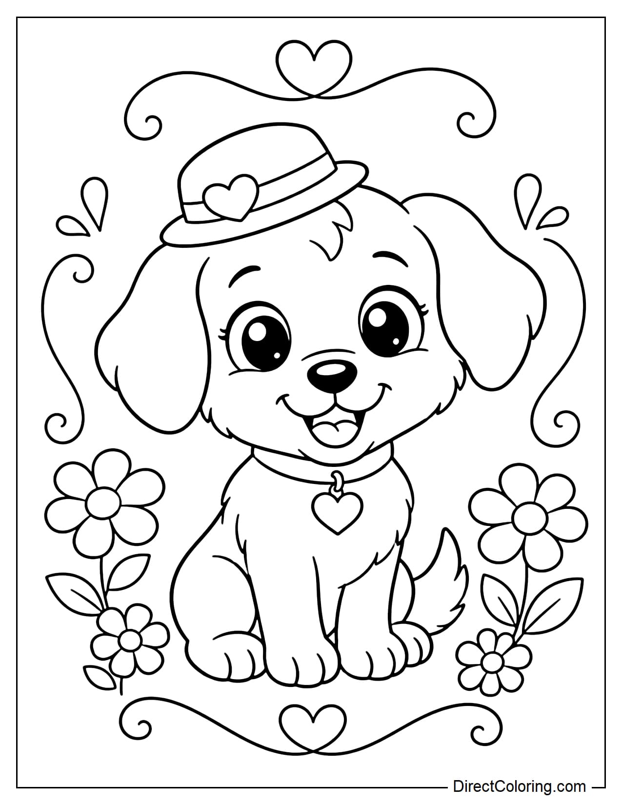 Free printable Dog And Puppy Coloring Pages featuring a cute puppy surrounded by flowers