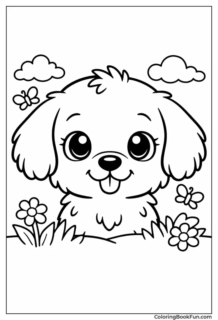 Playful puppy with big eyes surrounded by flowers and butterflies